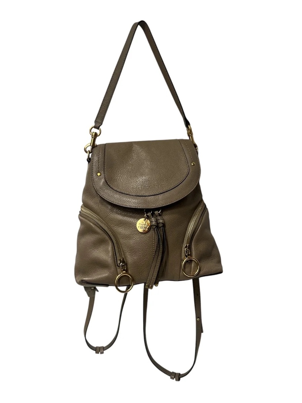 Chloe Olive Taupe Pebbled Leather Backpack with Gold Hardware